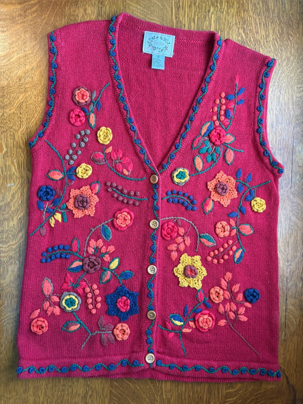 Vintage Erika Red Floral Embroidered Knit Vest Button Front Women's Large